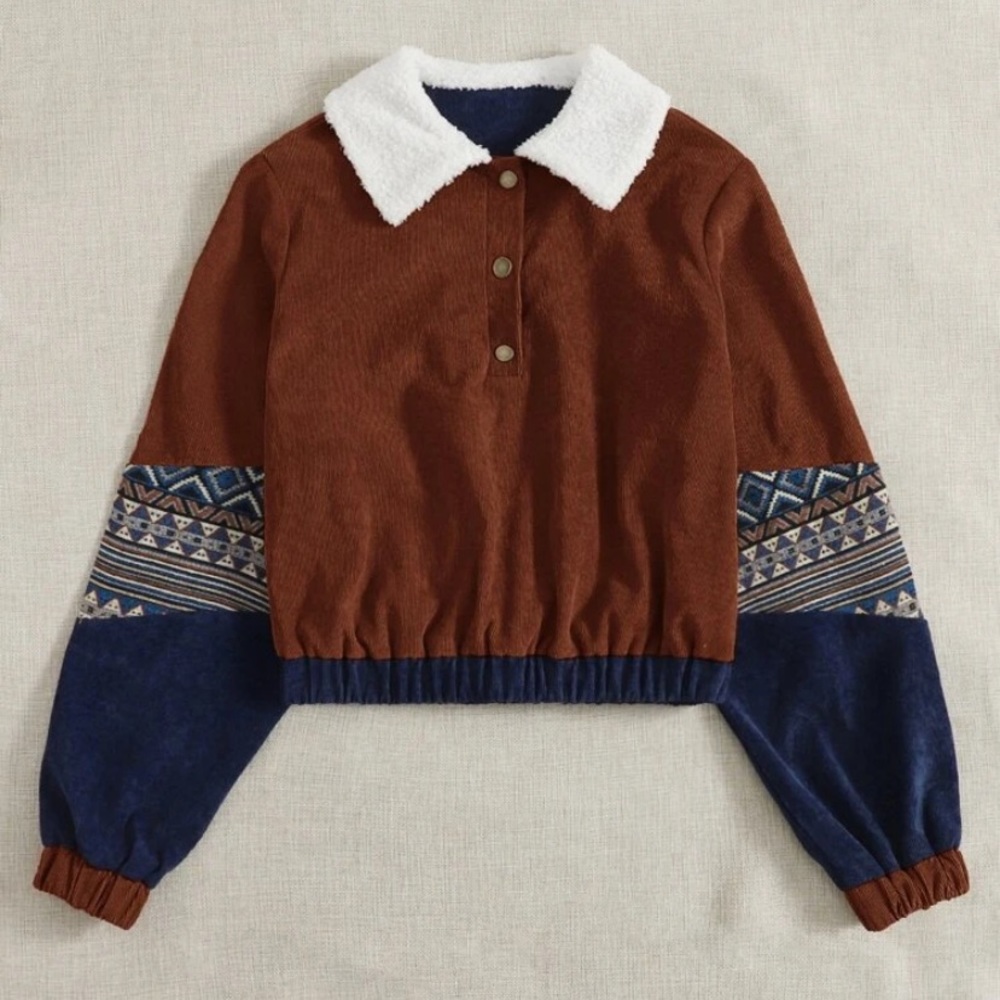 Geo Print Corduroy Button Up Sweater.